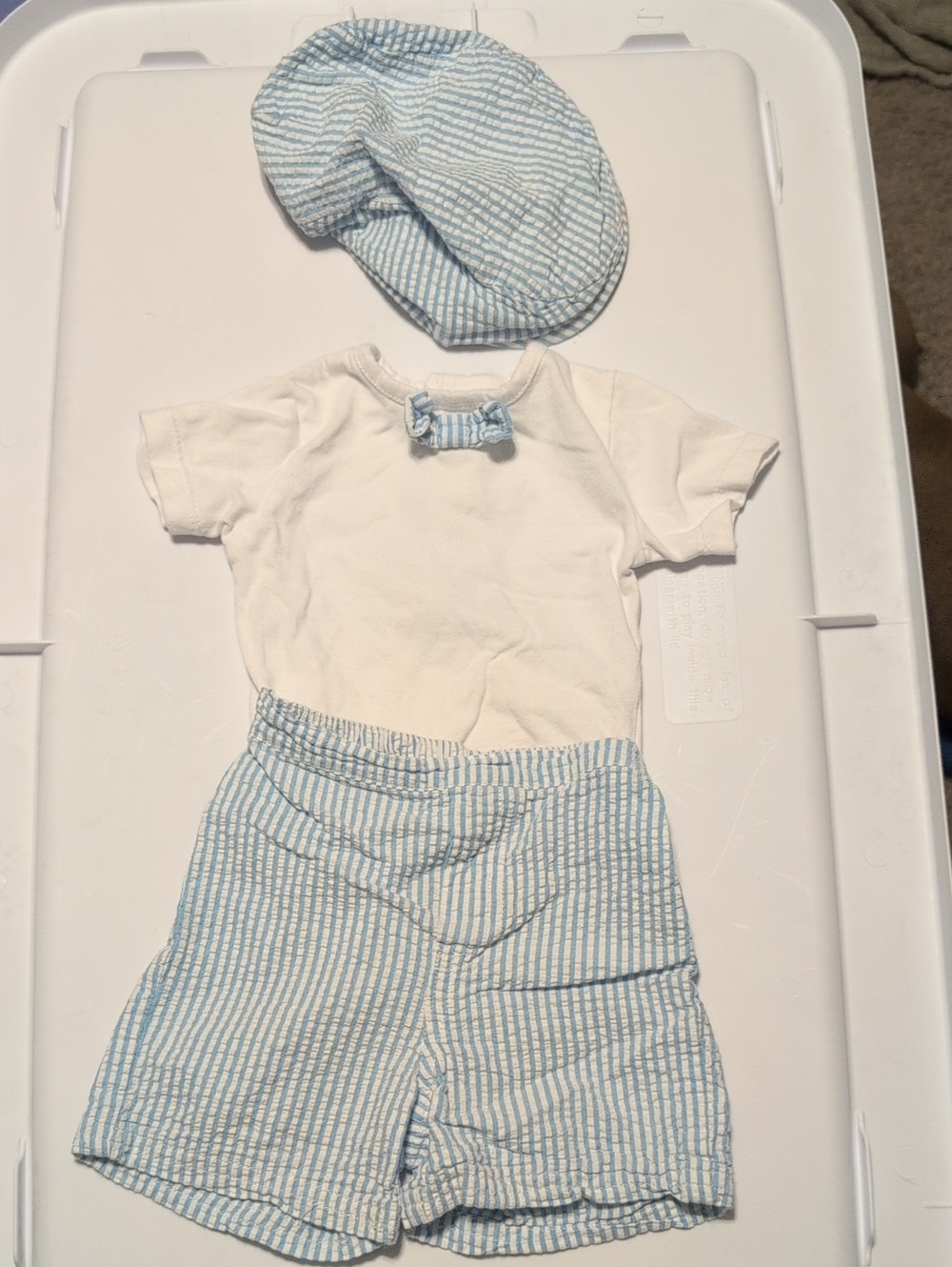 Nursery Rhyme White Tee with Blue-Striped Shorts & Cap